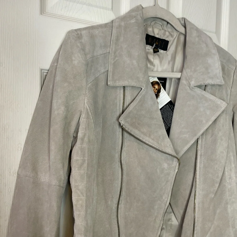 Iman suede 100% leather jacket grey zip up L womens trendy - Picture 2 of 11